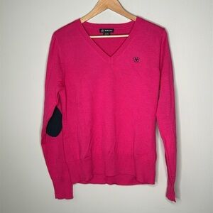 Ariat Women's Wool Blend V-neck Sweater Pink w/Contrast Elbow Patches Size XL
